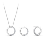 Front-on view of the Wallace Bishop 0.40 TDW Round Lab-Grown Diamond Circle Pendant & Earrings Set in Sterling Silver, reference LGSETRNDSS, showing the matching pendant on a chain and a pair of stud earrings. Each open circle is half set with round lab-grown diamonds that graduate in size, with the other half in polished sterling silver.
