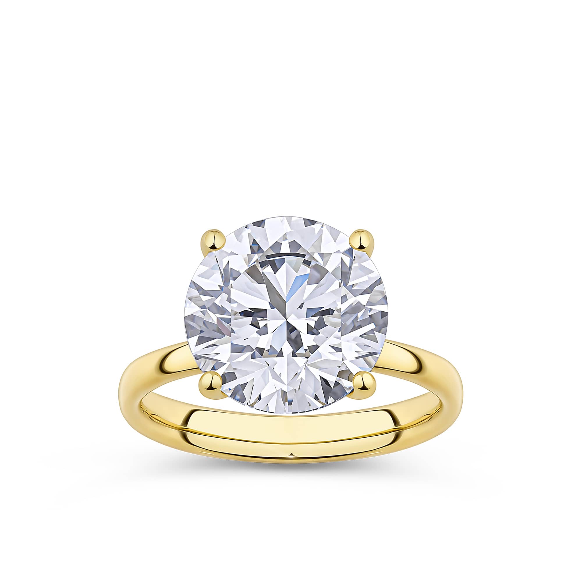 6.00ct Round Brilliant Lab-Grown Diamond Solitaire Ring in 18ct Yellow Gold — This GIA certified lab-grown diamond displays a colourless (F) grade and VS2 clarity, held in a secure basket setting. The round brilliant cut diamond is shown centred and facing forward against the yellow gold band, showcasing its brightness and faceted surface.