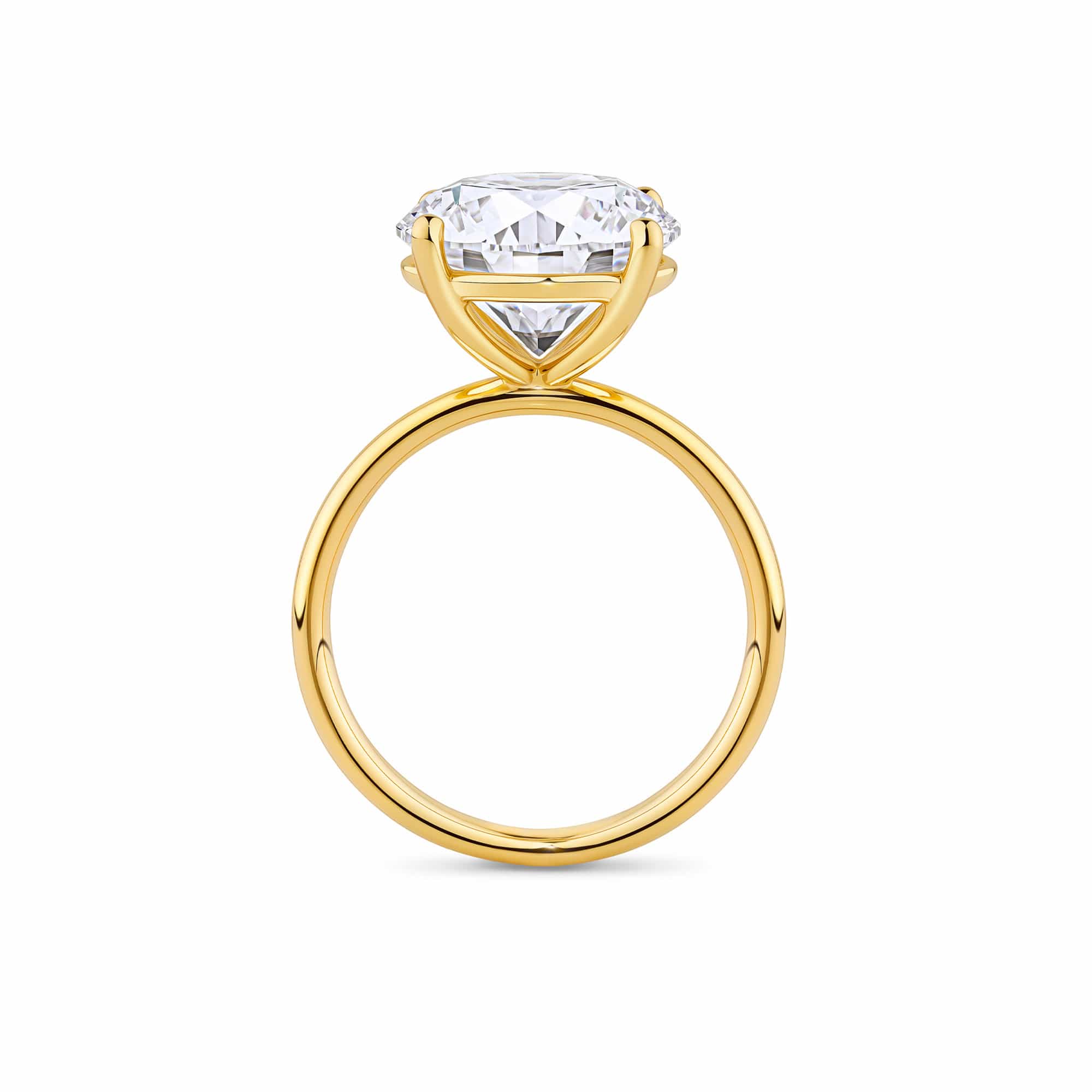 6.00ct Round Brilliant Lab-Grown Diamond Solitaire Ring in 18ct Yellow Gold- pictured from the side showing a four claw secure basket and under bezel