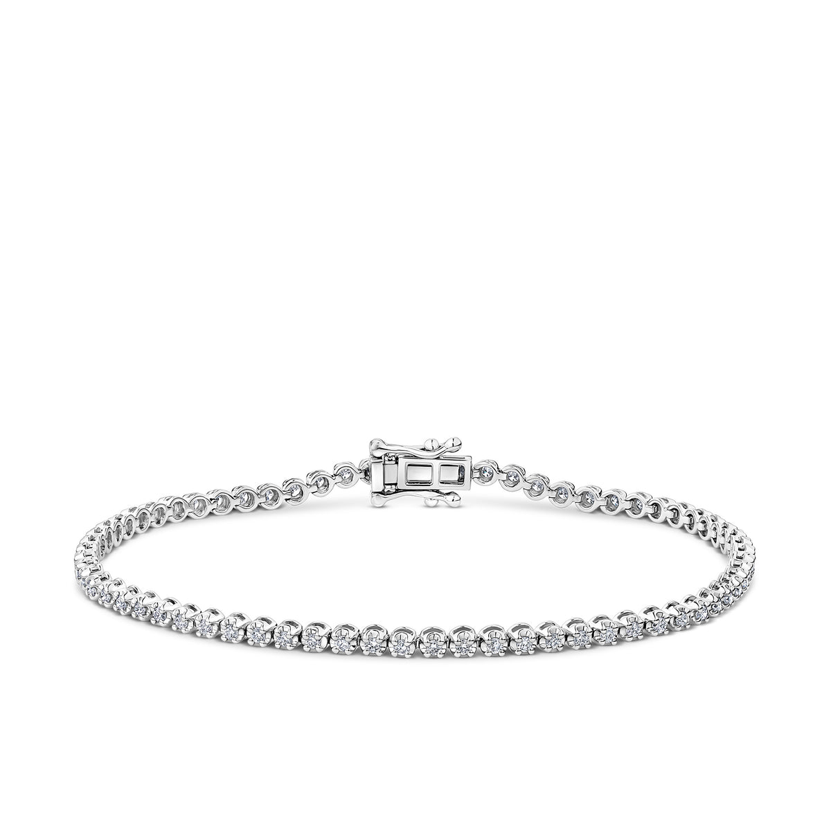 Front-on view of the Wallace Bishop 1.00ct TDW Round Lab-Grown Diamond Tennis Bracelet in Sterling Silver, reference LGTB100SS, showing the continuous row of claw-set round brilliant cut diamonds along the band. This lab-grown diamond tennis bracelet features a polished silver finish and secure box clasp