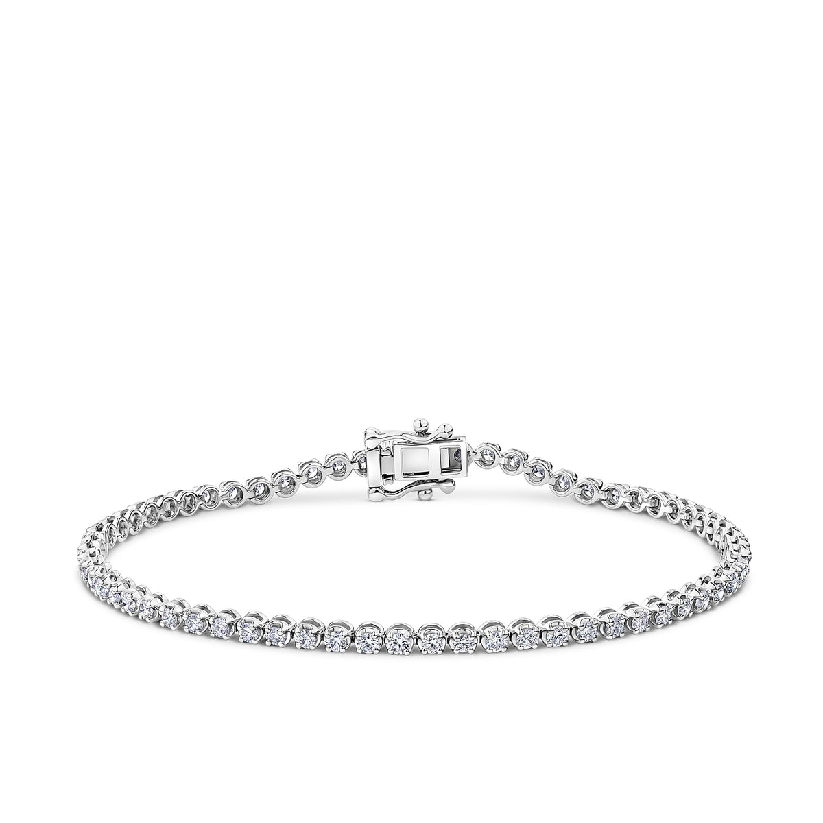 Front-on view of the Wallace Bishop 2.00ct TDW Round Lab-Grown Diamond Tennis Bracelet in Sterling Silver, reference LGTB200SS, showing the continuous row of claw-set round brilliant cut diamonds along the band. This lab-grown diamond tennis bracelet features a polished silver finish and secure box clasp.