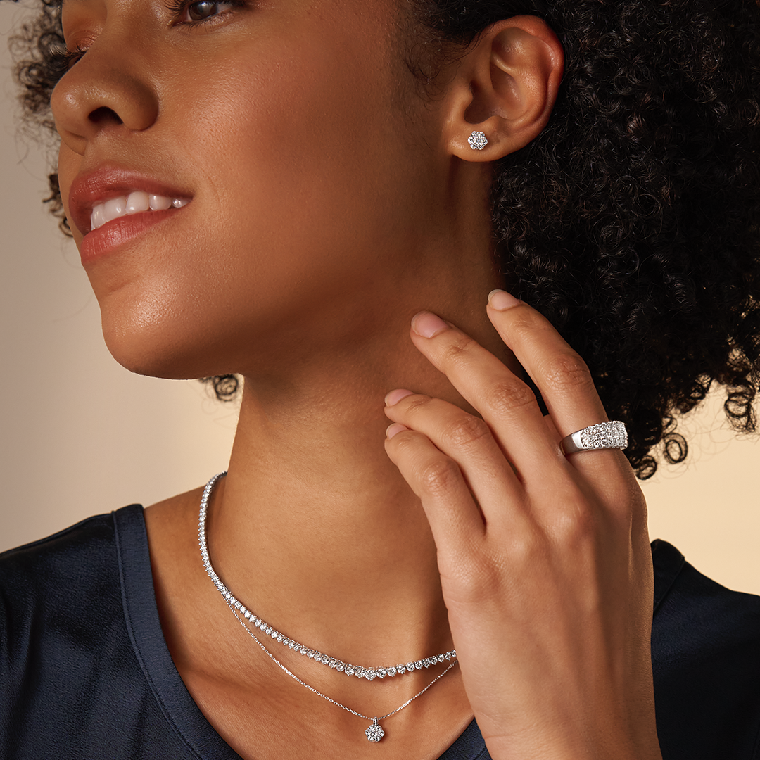 0.77ct TW Cluster Lab-Grown Diamond Pendant and Earrings Set in 9ct White Gold