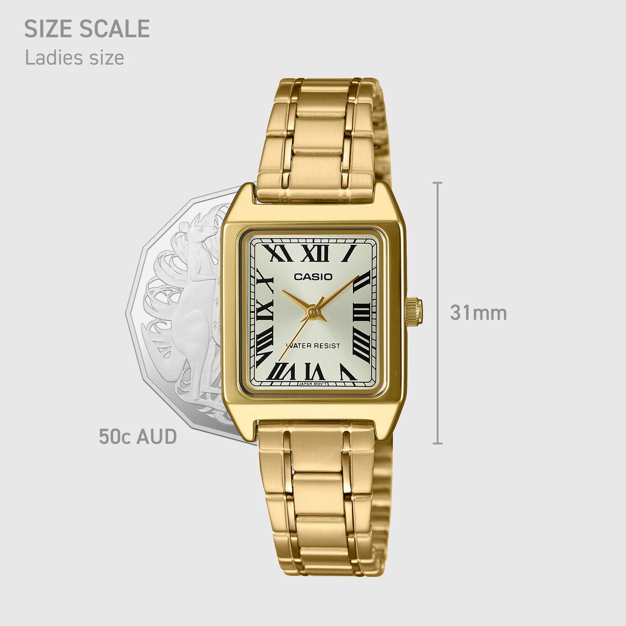 Casio Vintage LTPV007G-9B size reference view, showing the slim 31mm x 22mm x 7.5mm gold ion plated rectangular stainless steel case and integrated bracelet — illustrating the compact, delicate proportions and 51 gram total weight of this classic women's dress watch.