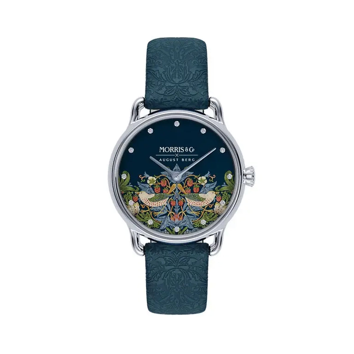 August Berg Petite Strawberry Thief Quartz 26mm Watch M1ST0926E16LIDE front on with indigo dial and patterned strap