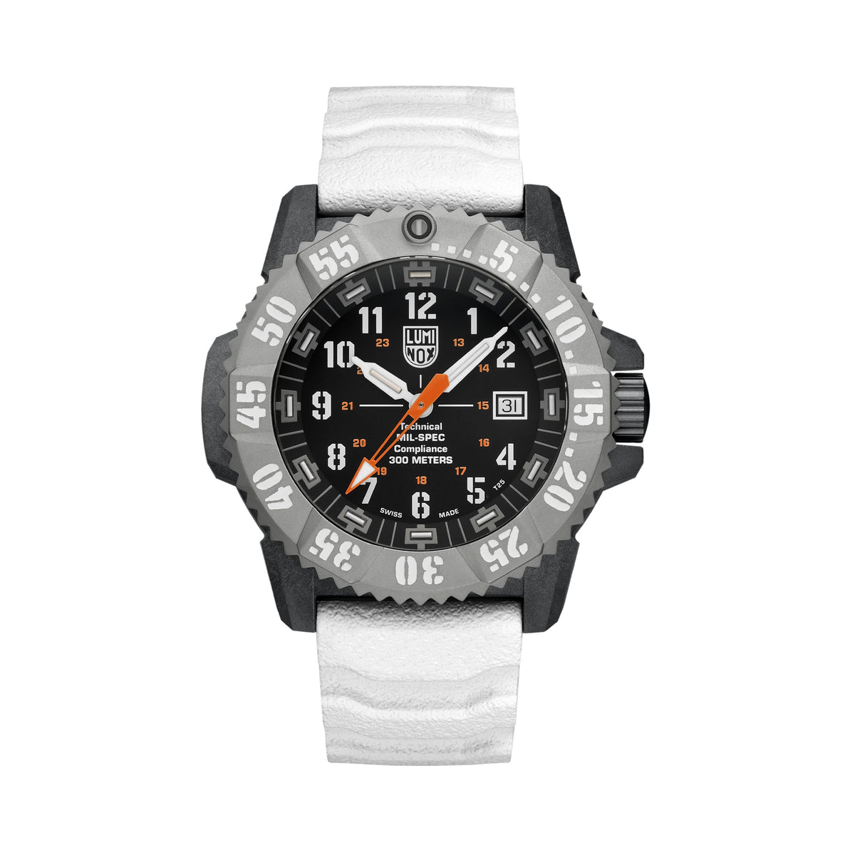 Front view of the Luminox MIL-SPEC Men's 46mm Quartz Watch XL.3359.SET with a black dial and large orange seconds hand. This MIL-SPEC 3350 Series military watch features a black CARBONOX™+ case, a titanium rotating bezel with white markings and a white strap.