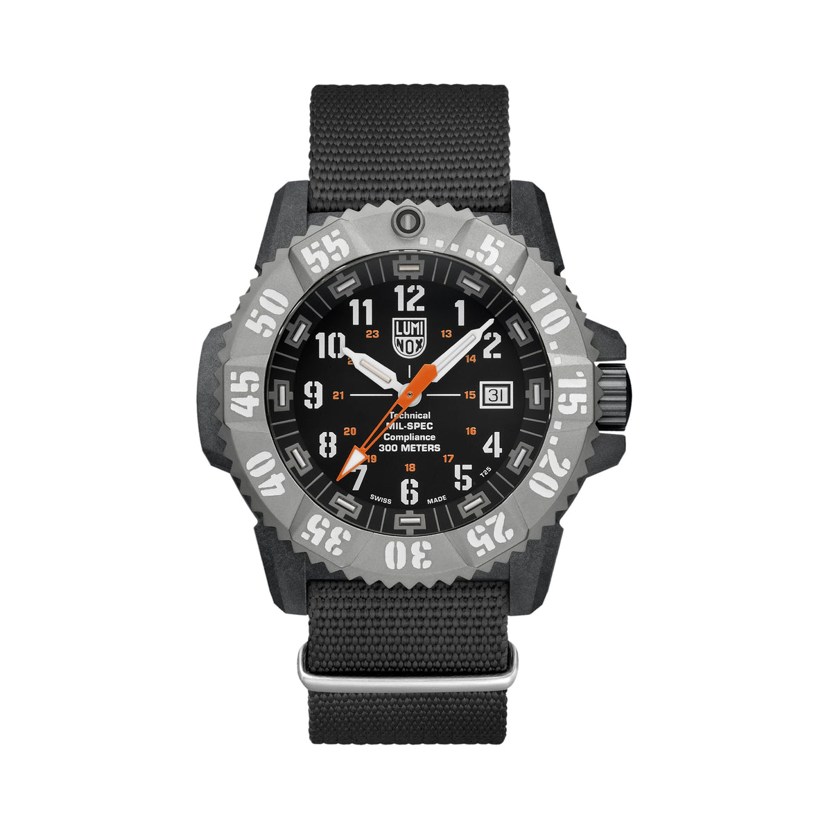Front view of the Luminox MIL-SPEC Men's 46mm Quartz Watch XL.3359.SET with a black dial and large orange seconds hand. This MIL-SPEC 3350 Series military watch features a black CARBONOX™+ case, a titanium rotating bezel with white markings and textile black strap