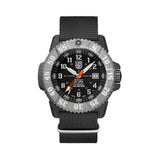 Front view of the Luminox MIL-SPEC Men's 46mm Quartz Watch XL.3359.SET with a black dial and large orange seconds hand. This MIL-SPEC 3350 Series military watch features a black CARBONOX™+ case, a titanium rotating bezel with white markings and textile black strap