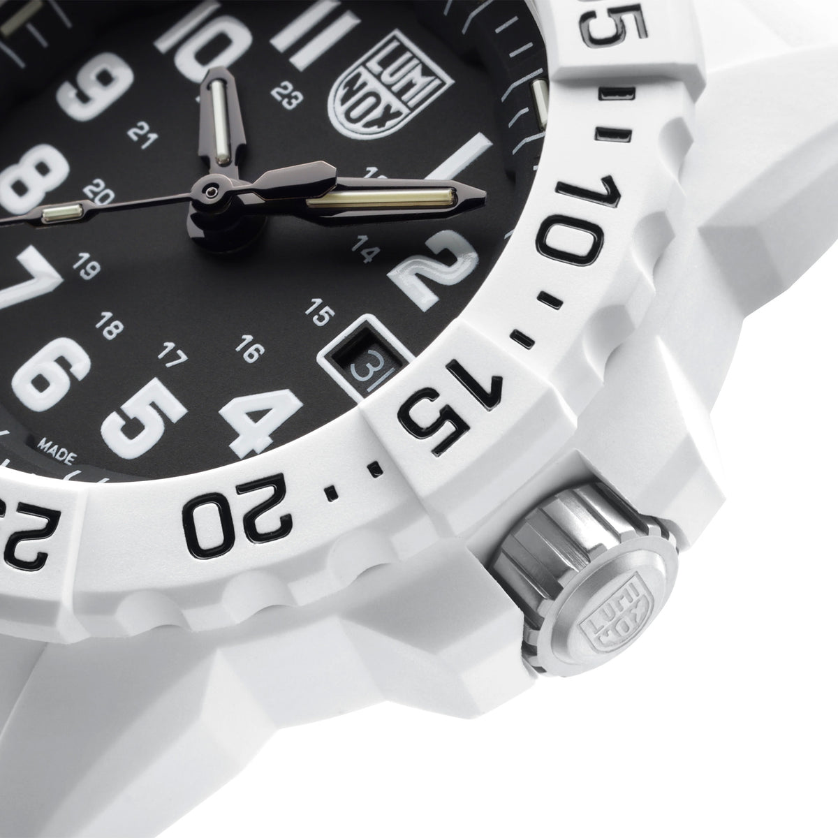 Three-quarter angle view of the Luminox Navy SEAL Men's 45mm Quartz Watch XS.3507.WB showing the case profile and protected crown. This Navy SEAL 3500 Series Arctic Edition watch pairs a lightweight white fibreglass case with a contrasting black dial.