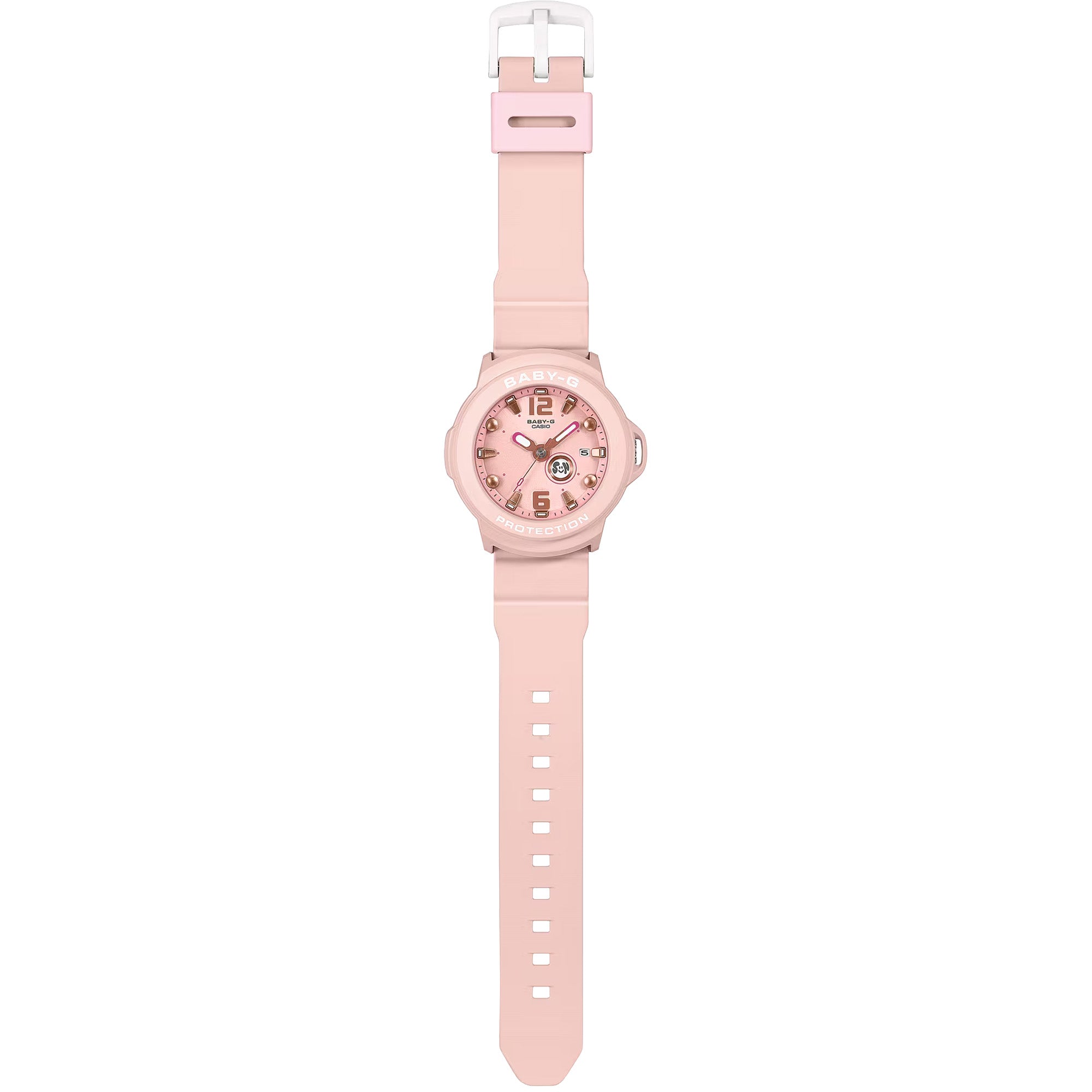 Casio Baby-G+PLUS BGA15K-4A close-up of the pastel pink matte silicone strap with detachable centre case mechanism, alongside the included round silicone holder that converts the watch into a bag charm or keyring accessory.