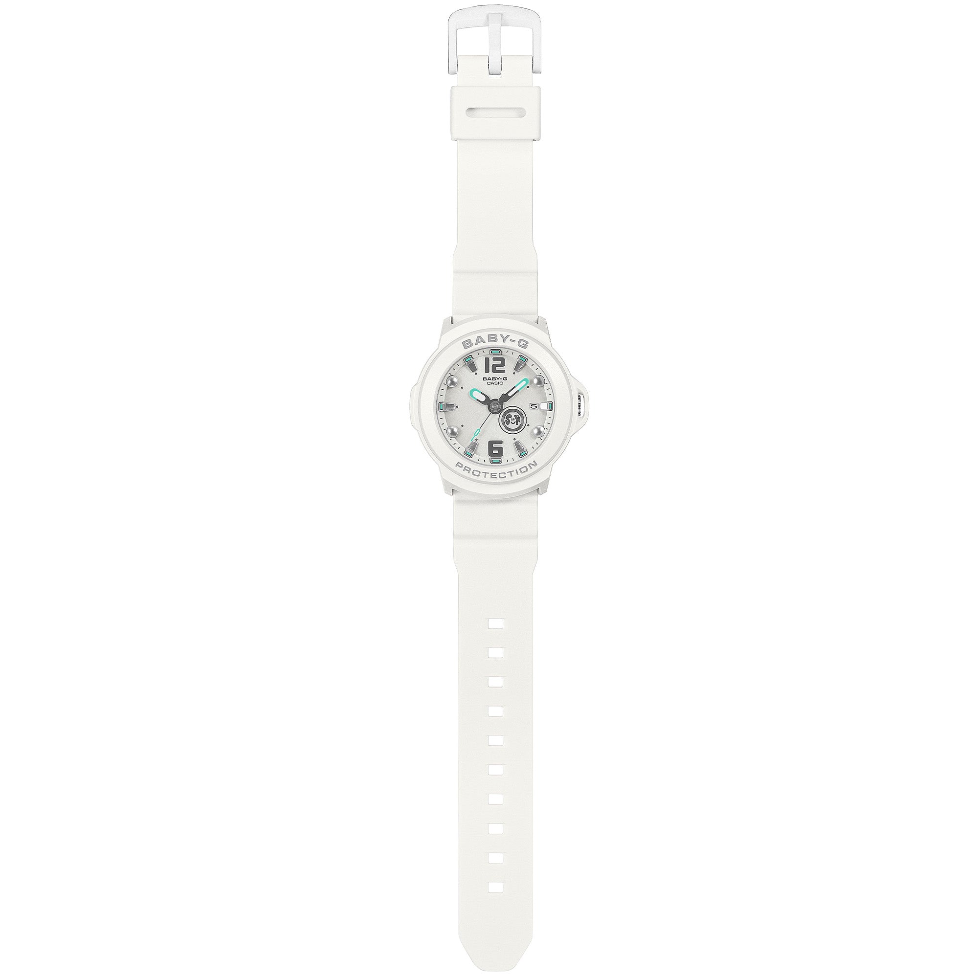 Casio Baby-G+PLUS BGA15K-7A a white matte resin strap with detachable centre case mechanism, alongside the included green round silicone holder that converts the watch into a bag charm or keyring, fitting wrists from 125mm to 180mm.