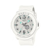 Casio Baby-G+PLUS BGA15K-7A front view, featuring a round white matte resin case and band with a shimmering metal dial with green accent detailing, Arabic numerals at 12 and 6 o'clock, rotating seven-design day display, and three analogue hands