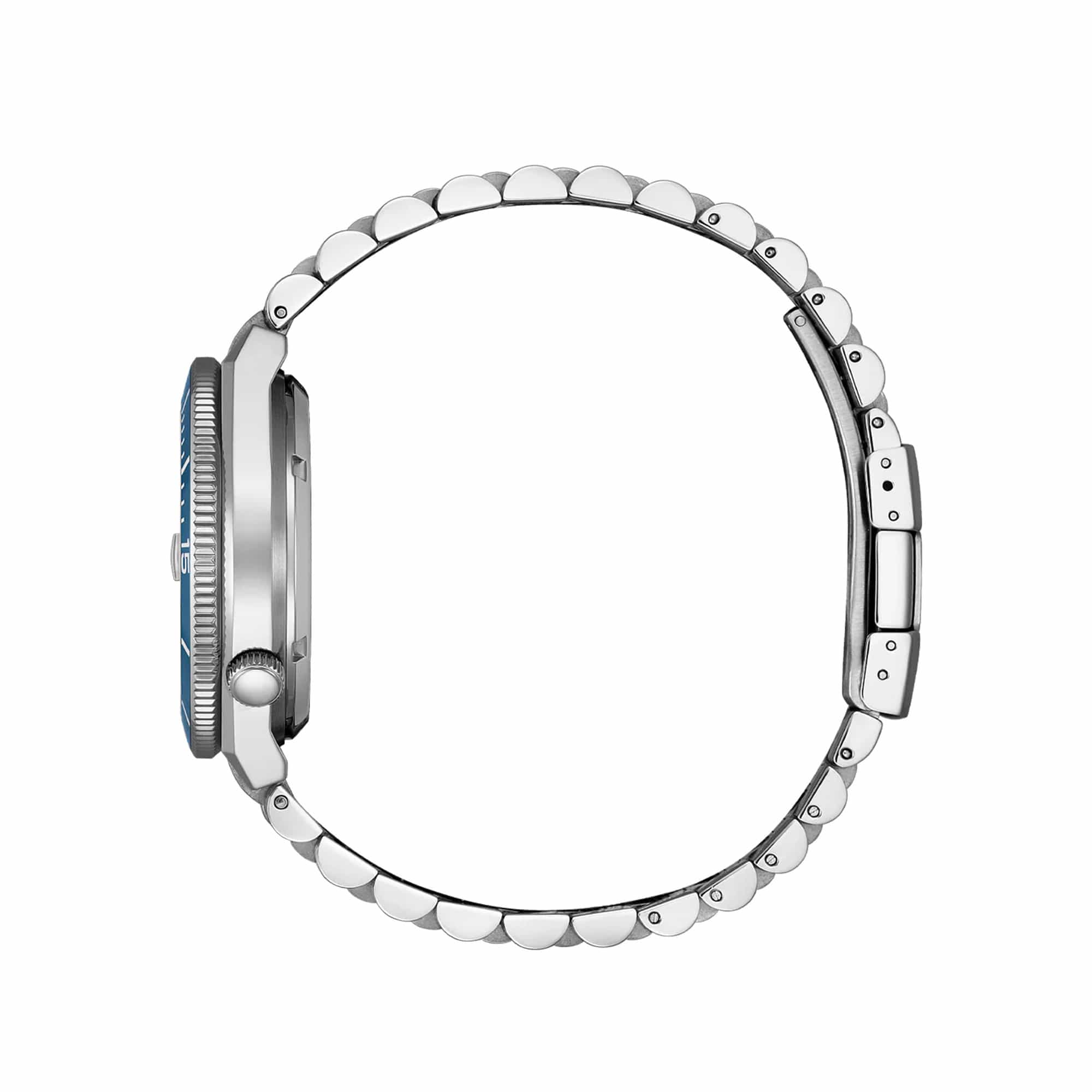Citizen Tsuyosa Automatic 40mm Men's Watch NJ0231-56L - The sapphire crystal rises cleanly above the dial, with the rotating bezel visible from this angle. The case shows a compact, snag-free profile.