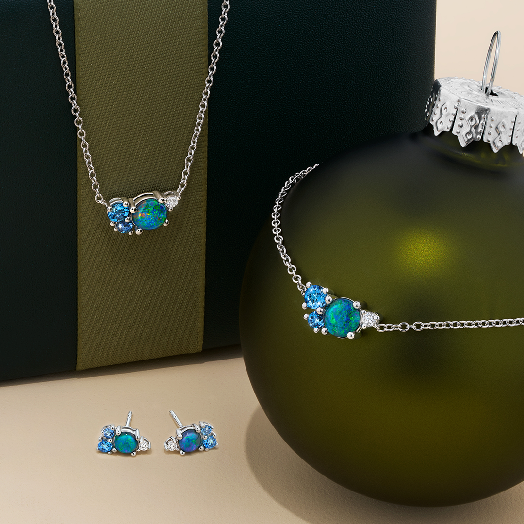 Triplet Opal, Swiss Blue Topaz, London Blue Topaz & Lab-Grown-Diamond Cluster Bracelet in Sterling Silver