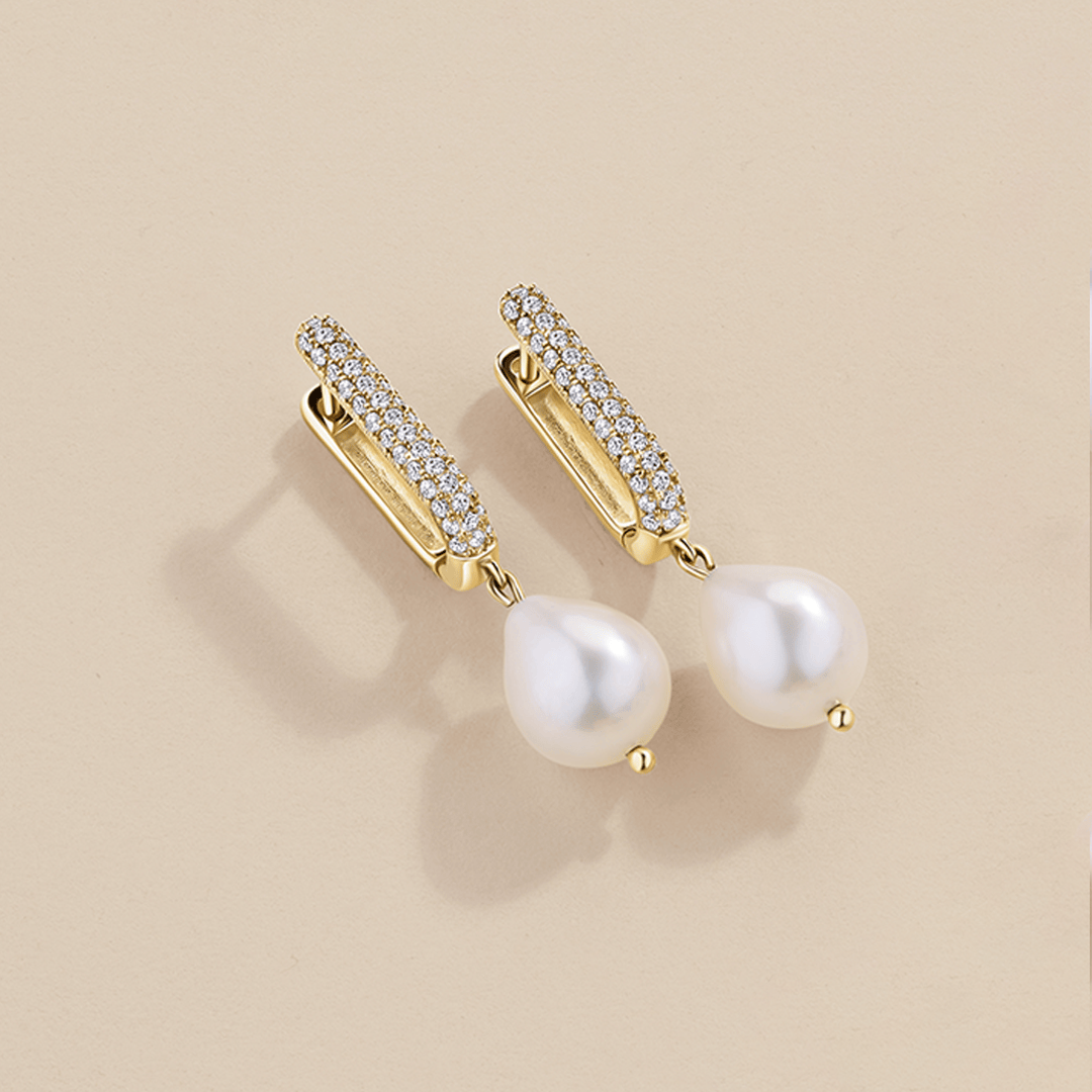 Freshwater Baroque Pearl & Cubic Zirconia Drop Huggie Earrings in 9ct Yellow Gold