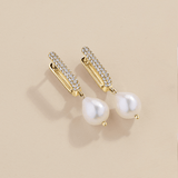 Freshwater Baroque Pearl & Cubic Zirconia Drop Huggie Earrings in 9ct Yellow Gold