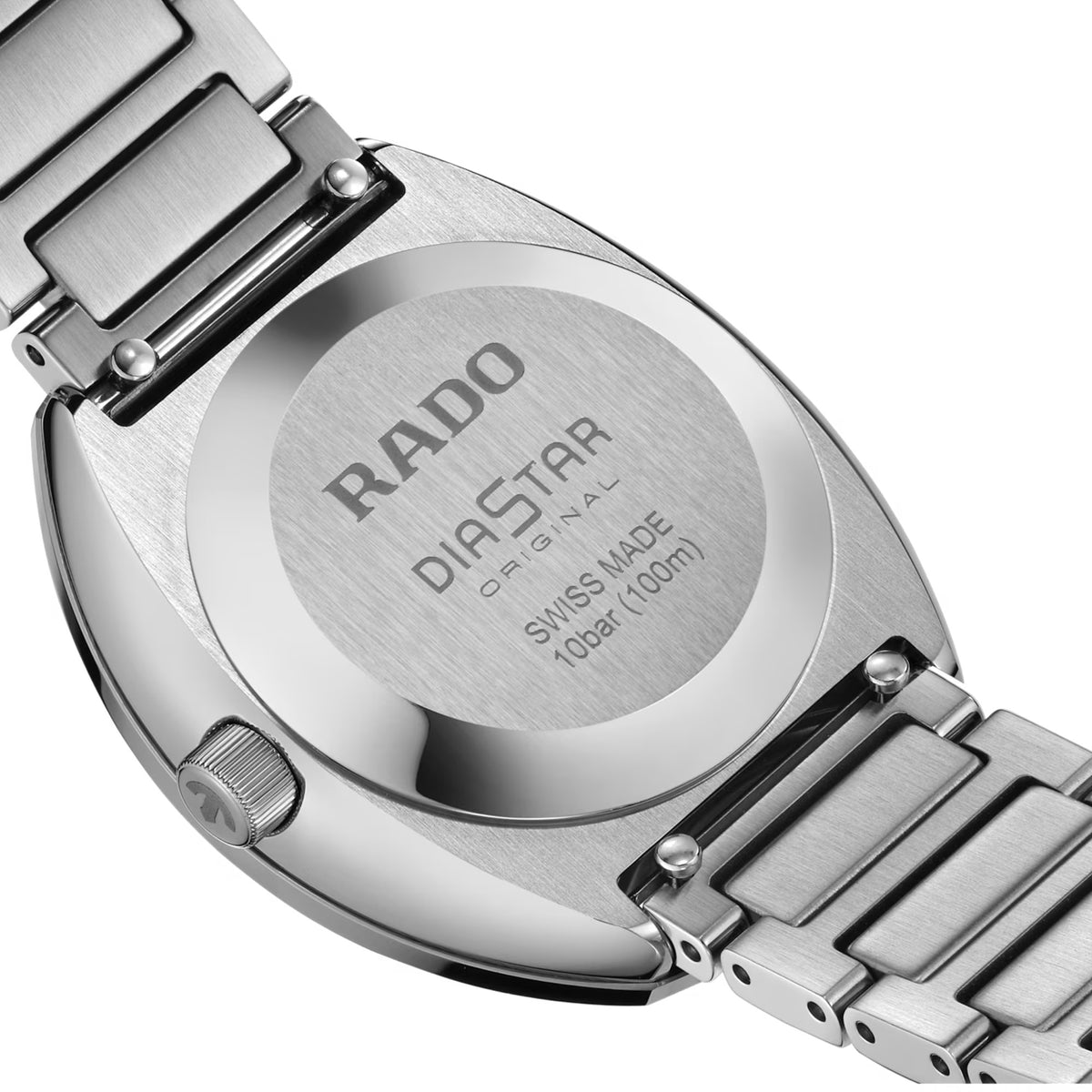 Rado DiaStar Original 30mm R12170113 caseback view – pressed stainless steel caseback, Swiss made Rado R586 automatic movement with 48-hour power reserve