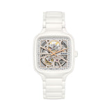 Rado True Square Automatic Open Heart Sparkling 38mm R27073722 front view – rhodium-coloured glitter dial with open heart cut-away, 12 diamond hour markers, rose gold-coloured hands with Super-LumiNova®, square white high-tech ceramic case