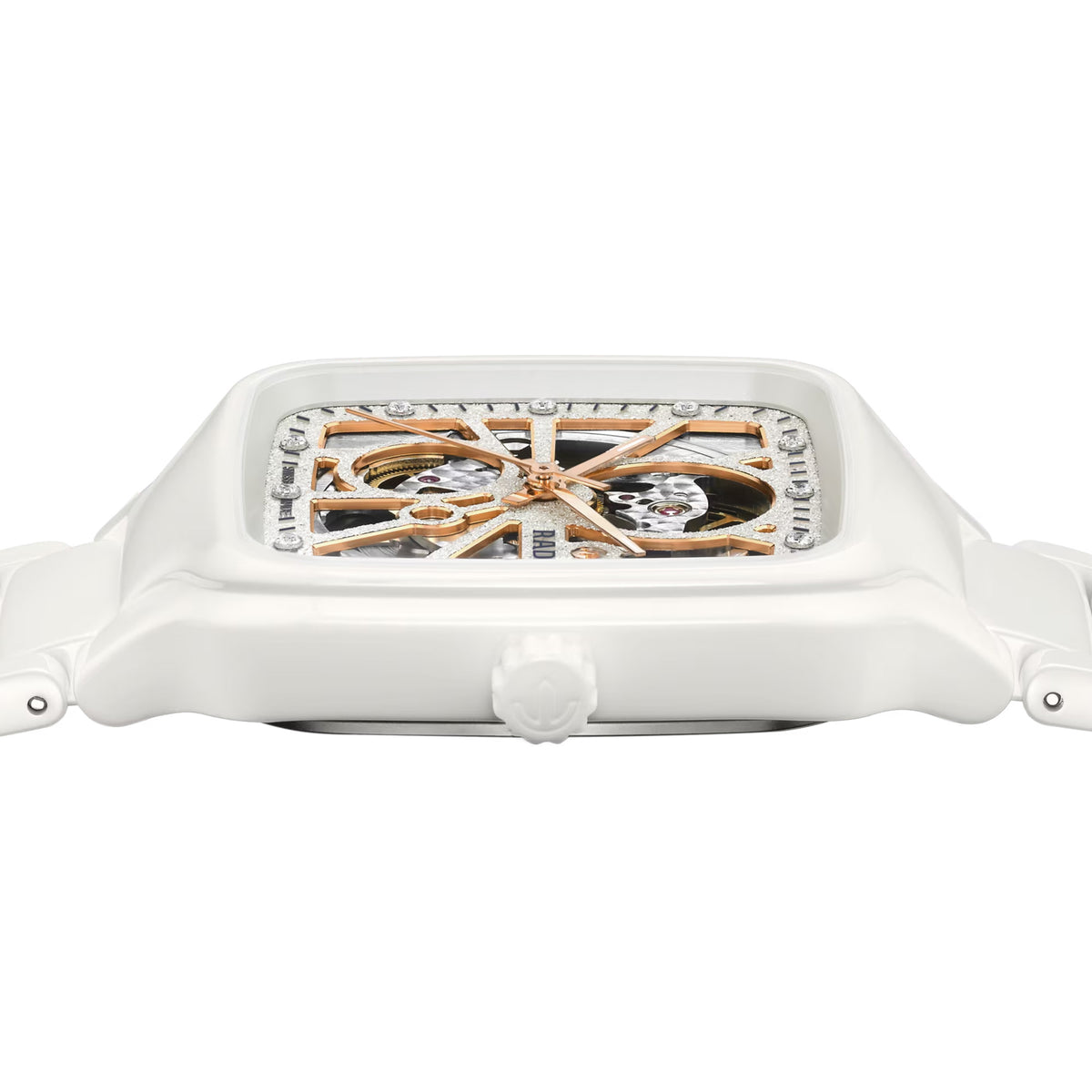 Rado True Square Automatic Open Heart Sparkling 38mm R27073722 side profile – slim 9.7mm polished white high-tech ceramic case, white ceramic crown, sapphire crystal