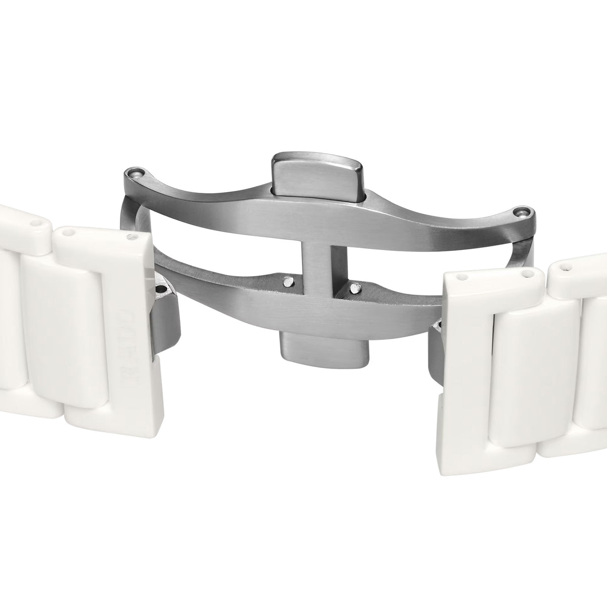 Rado True Square Automatic Open Heart Sparkling 38mm R27073722 bracelet detail – polished white high-tech ceramic bracelet with titanium three-fold clasp