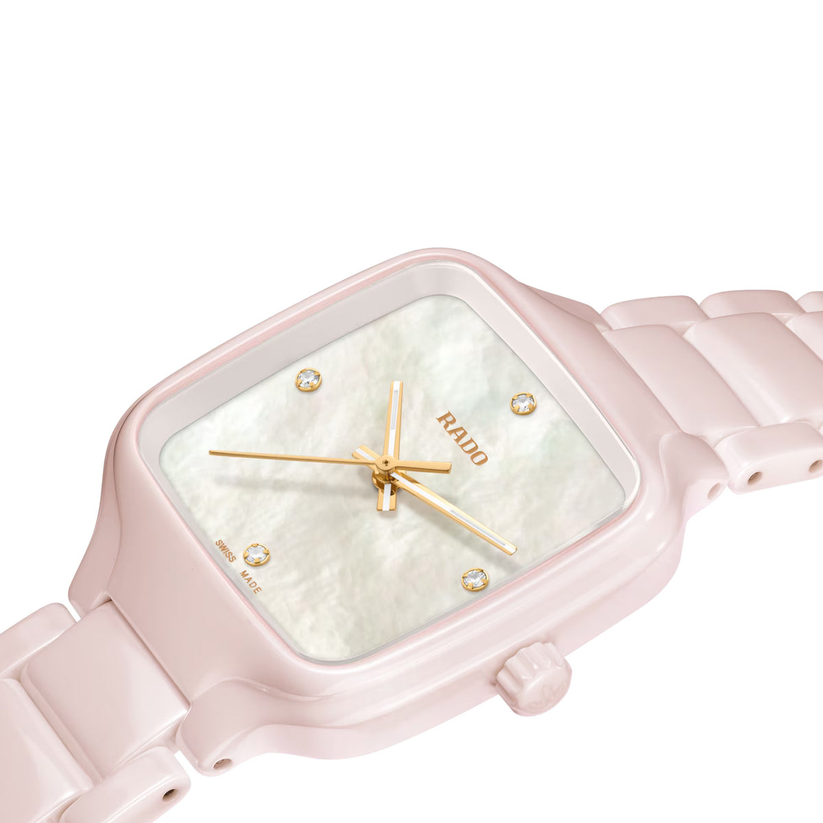 Rado True Square Diamonds 29.2mm R27181902 side profile – slim 8.1mm pink high-tech ceramic case, ceramic crown, sapphire crystal