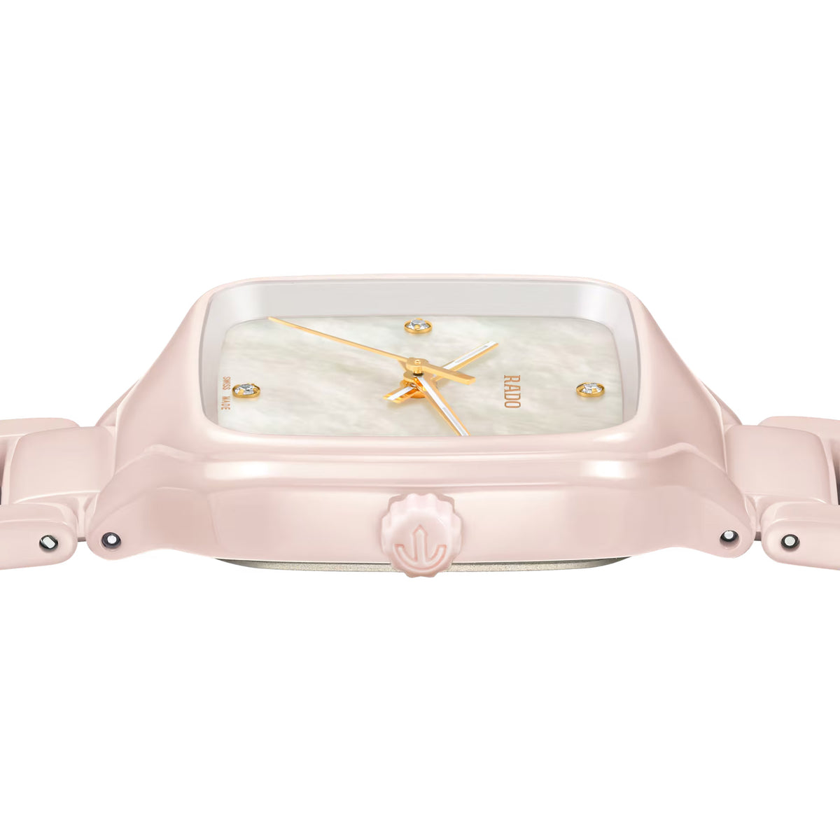Rado True Square Diamonds 29.2mm R27181902 side profile – slim 8.1mm pink high-tech ceramic case, ceramic crown, sapphire crystal