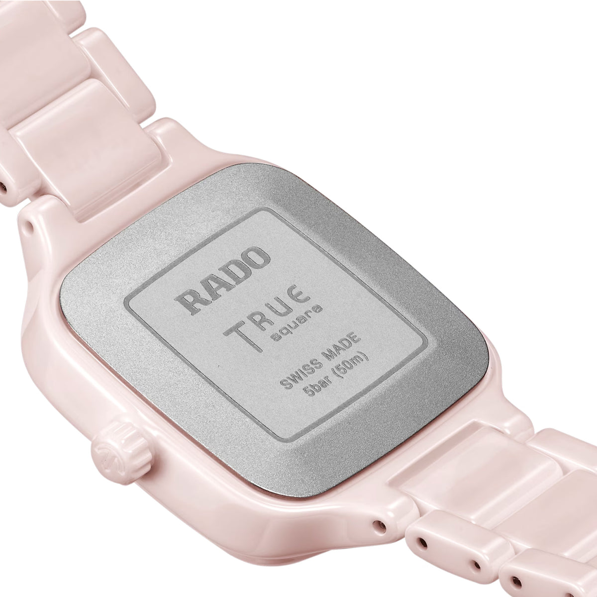 Rado True Square Diamonds 29.2mm R27181902 caseback view – pressed titanium caseback, Swiss made Rado R079 quartz movement