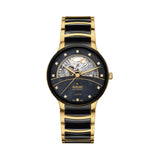 Rado Centrix Open Heart Diamonds 39.5mm R30008902 front view – black mother of pearl open heart dial showing the balance wheel, 12 diamond hour markers, gold-tone hands, edge-to-edge sapphire crystal with black metallised ring