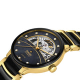Rado Centrix Open Heart Diamonds 39.5mm R30008902 side profile – gold PVD stainless steel case, gold PVD crown, sapphire crystal, 11.3mm case profile, black and gold bracelet