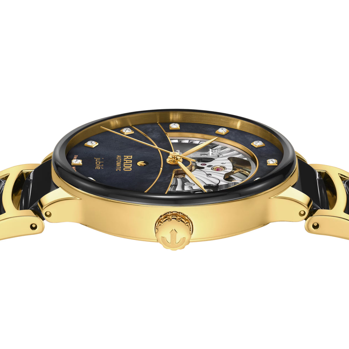 Rado Centrix Open Heart Diamonds 39.5mm R30008902 side profile – gold PVD stainless steel case, gold PVD crown, sapphire crystal, 11.3mm case profile, black and gold bracelet