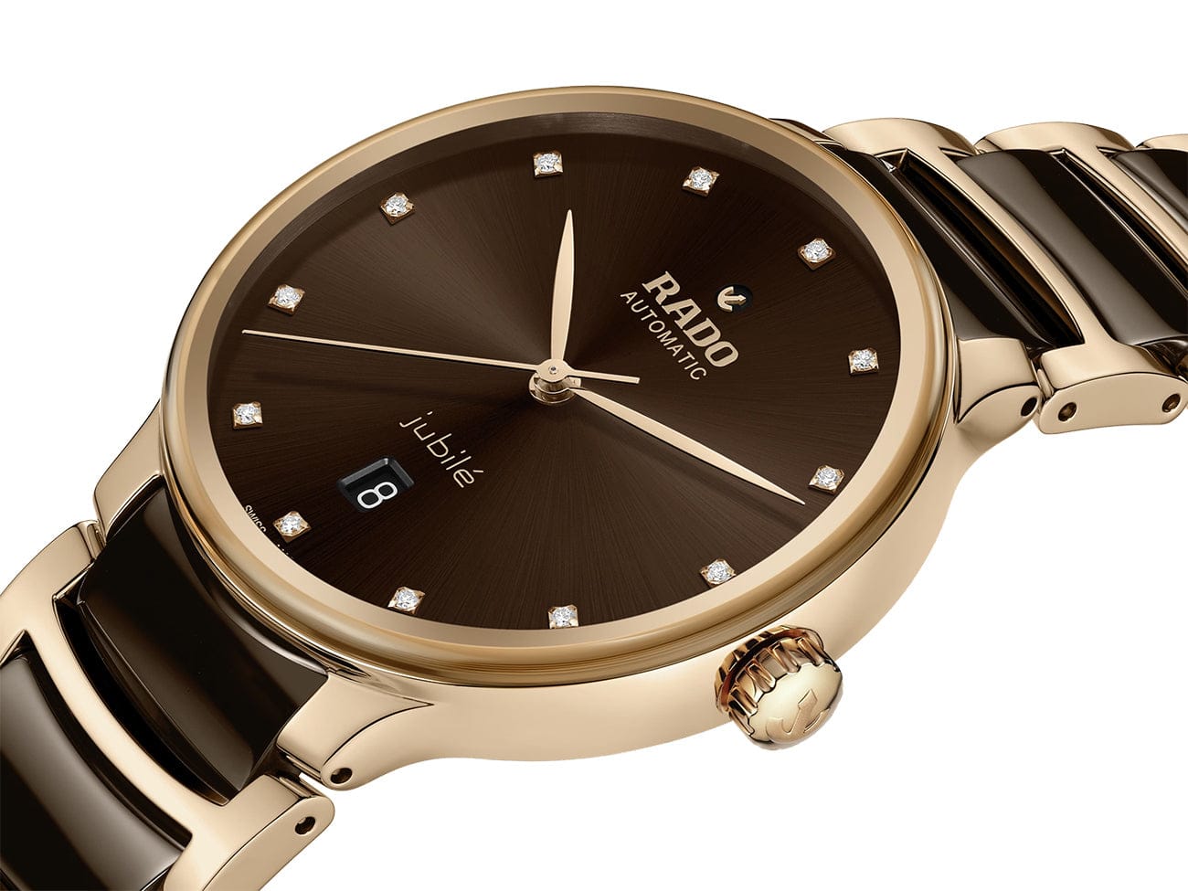 Rado Centrix Men's 39.5mm automatic watch featuring rose gold PVD stainless steel bracelet with brown high-tech ceramic details, brown dial, Sapphire Crystal, and Date Display.