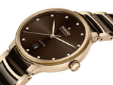 Rado Centrix Men's 39.5mm automatic watch featuring rose gold PVD stainless steel bracelet with brown high-tech ceramic details, brown dial, Sapphire Crystal, and Date Display.
