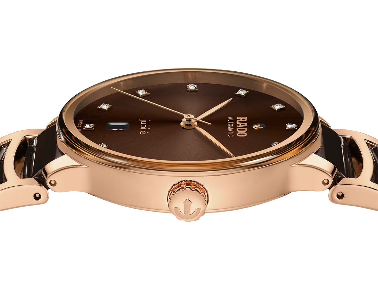 Side profile Rado Centrix Men's 39.5mm automatic watch featuring rose gold PVD stainless steel bracelet with brown high-tech ceramic details, brown dial, Sapphire Crystal, and Date Display.