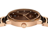 Side profile Rado Centrix Men's 39.5mm automatic watch featuring rose gold PVD stainless steel bracelet with brown high-tech ceramic details, brown dial, Sapphire Crystal, and Date Display.