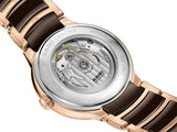 Back of case - Rado Centrix Men's 39.5mm automatic watch featuring rose gold PVD stainless steel bracelet with brown high-tech ceramic details, brown dial, Sapphire Crystal, and Date Display.