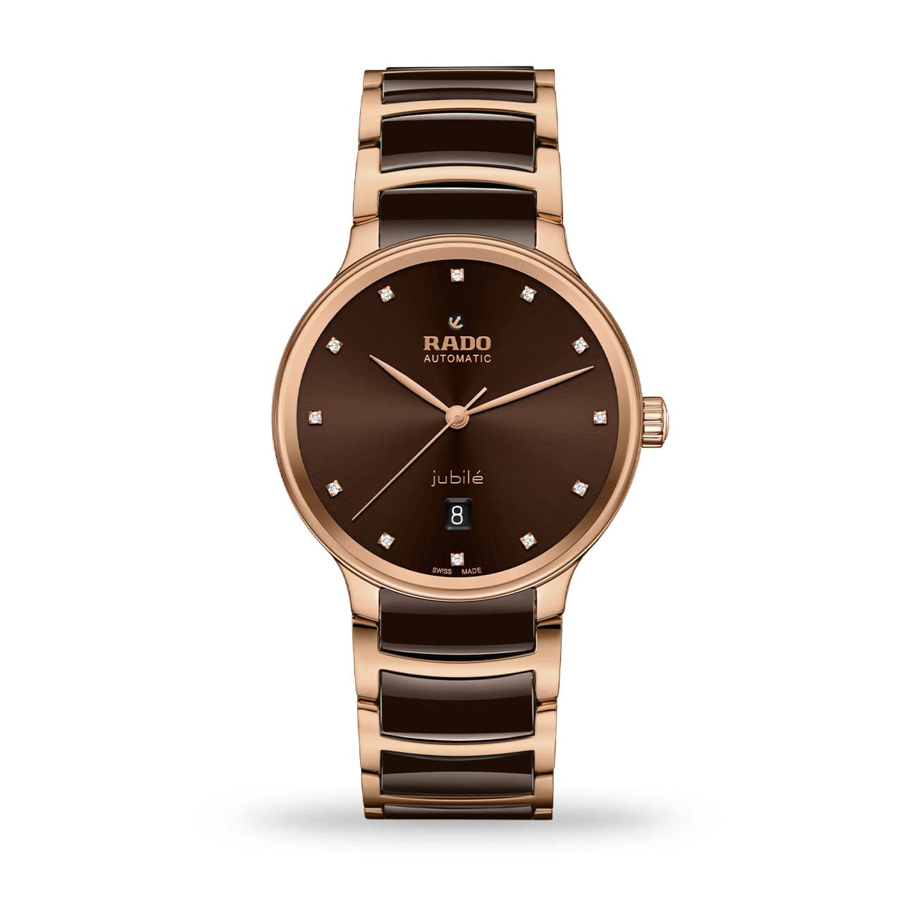 Rado Centrix Men's 39.5mm automatic watch featuring rose gold PVD stainless steel bracelet with brown high-tech ceramic details, brown dial, Sapphire Crystal, and Date Display.