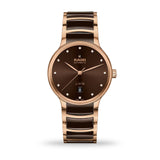 Rado Centrix Men's 39.5mm automatic watch featuring rose gold PVD stainless steel bracelet with brown high-tech ceramic details, brown dial, Sapphire Crystal, and Date Display.