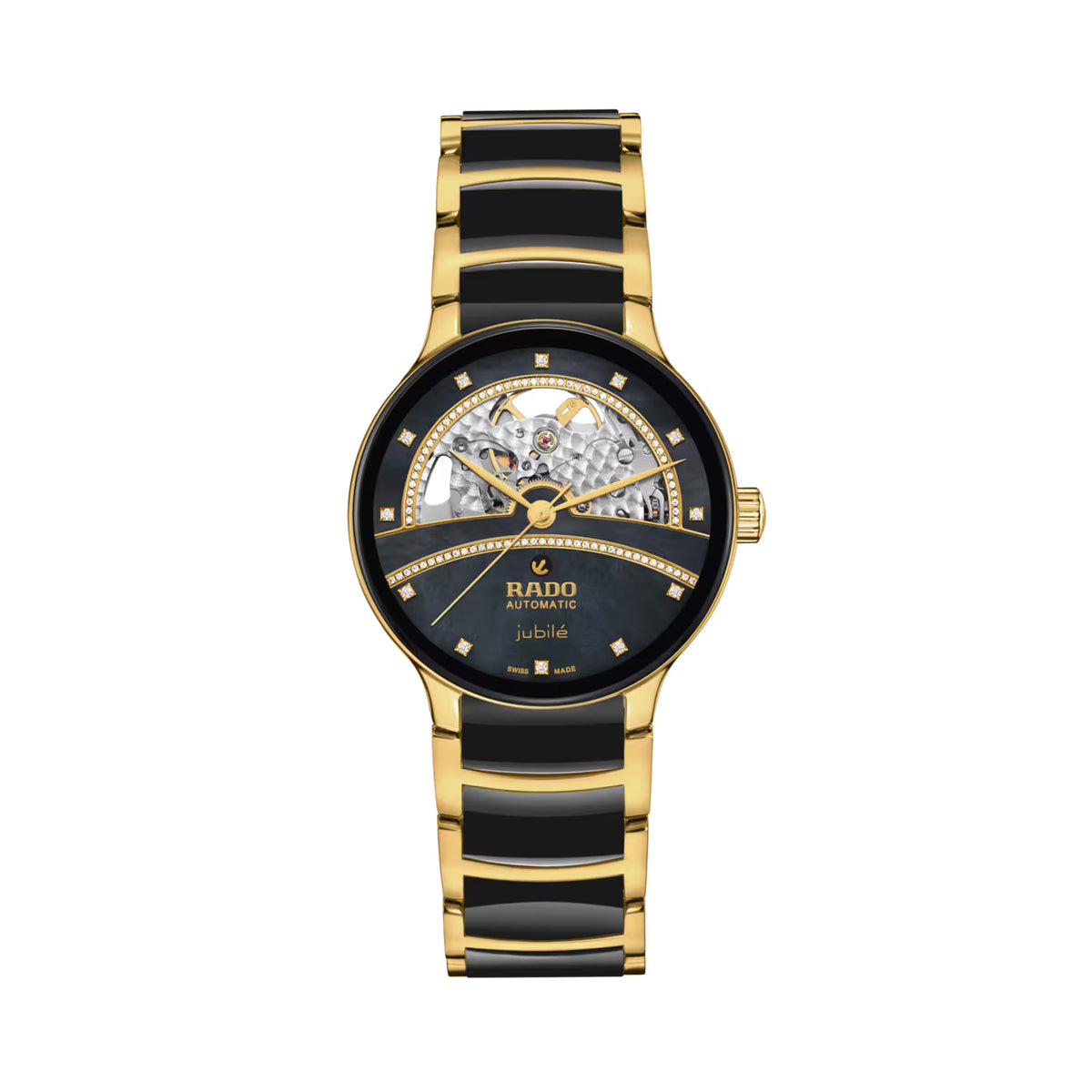 Rado Centrix Open Heart Diamonds 35mm R30032752 front view – black mother of pearl dial with open heart window, sweeping arc of 86 diamonds, 12 diamond hour markers, sapphire crystal with black metallised ring