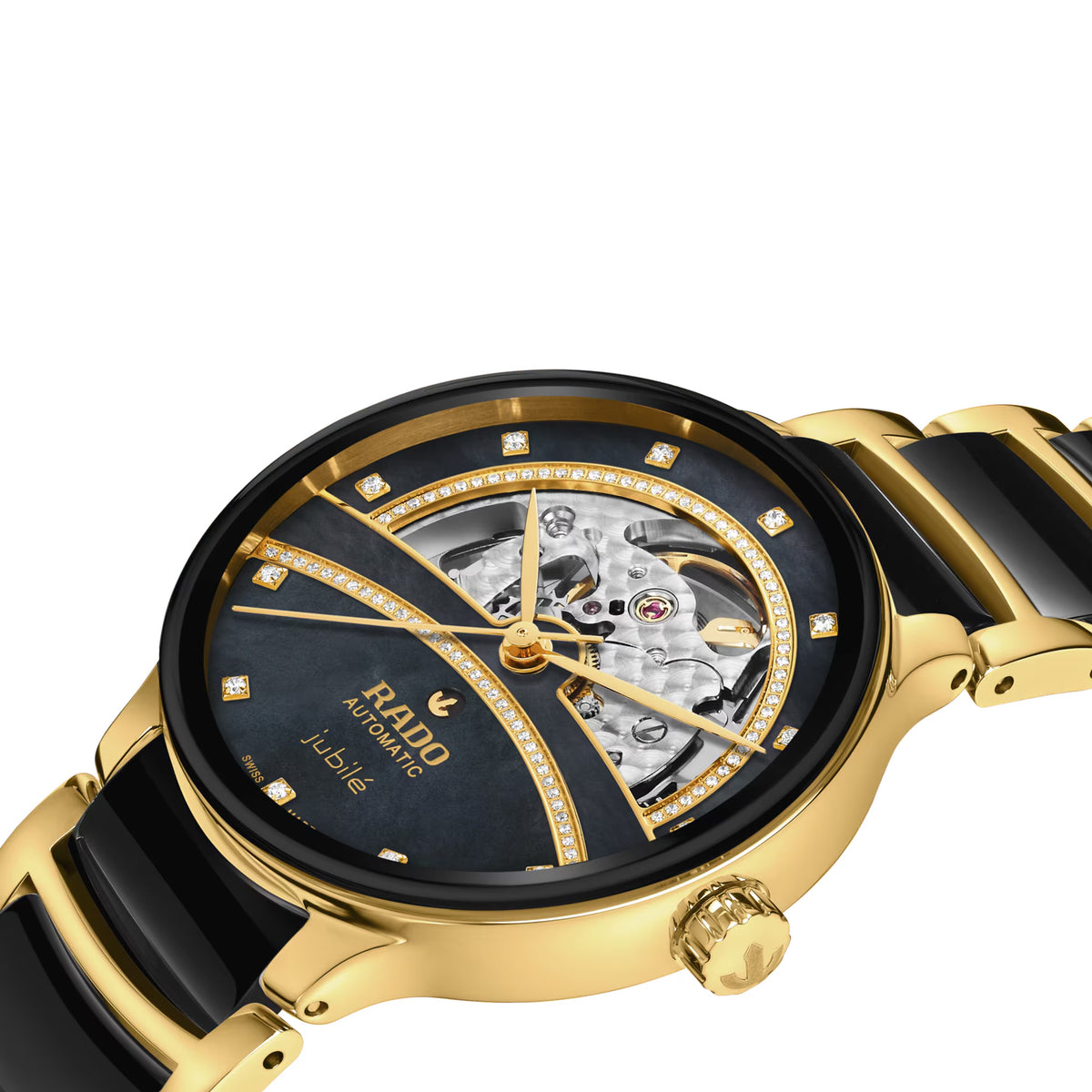 Rado Centrix Open Heart Diamonds 35mm R30032752 side profile – gold-tone case, sapphire crystal, slim profile, black and gold bracelet
