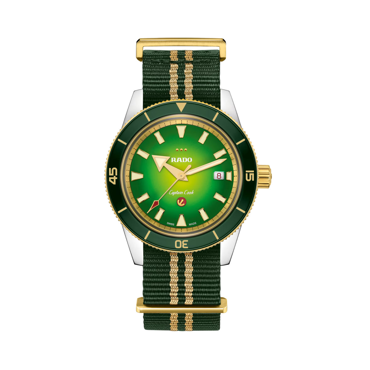 Rado Captain Cook x Cameron Green Limited Edition 42mm R32138318 soldier view on NATO strap – green gradient sunray dial, gold bezel with green ceramic insert, green and yellow gold-coloured textile NATO-style strap