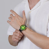 Rado Captain Cook x Cameron Green Limited Edition 42mm R32138318 worn on wrist with rubber strap – green sunray dial, gold bezel, black rubber strap, men’s 42mm automatic dive watch