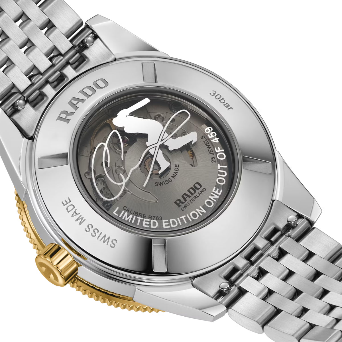 Rado Captain Cook x Cameron Green Limited Edition 42mm R32138318 caseback view – screw-down stainless steel caseback engraved with Cameron Green’s signature and “Limited Edition, One Out Of 459”, water resistant to 300m