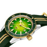 Rado Captain Cook x Cameron Green Limited Edition 42mm R32138318 three-quarter view on NATO strap – green gradient sunray dial, gold bezel with green ceramic insert, polished stainless steel case, green and yellow gold-coloured textile NATO-style strap