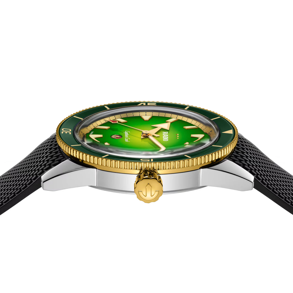 Rado Captain Cook x Cameron Green Limited Edition 42mm R32138318 side profile on rubber strap – polished stainless steel case, gold bezel with green ceramic insert, screw-down crown, black rubber strap