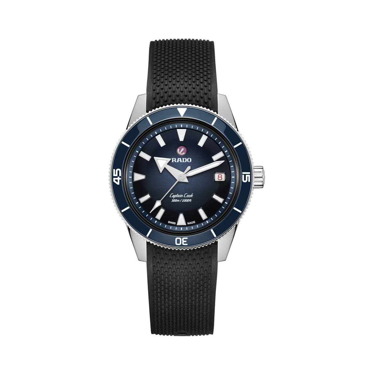 Rado Captain Cook 39mm R32223229 front view – blue to black gradient dial, rhodium-coloured hands and indices with white Super-LumiNova®, date window at 3 o’clock, high-tech ceramic bezel insert