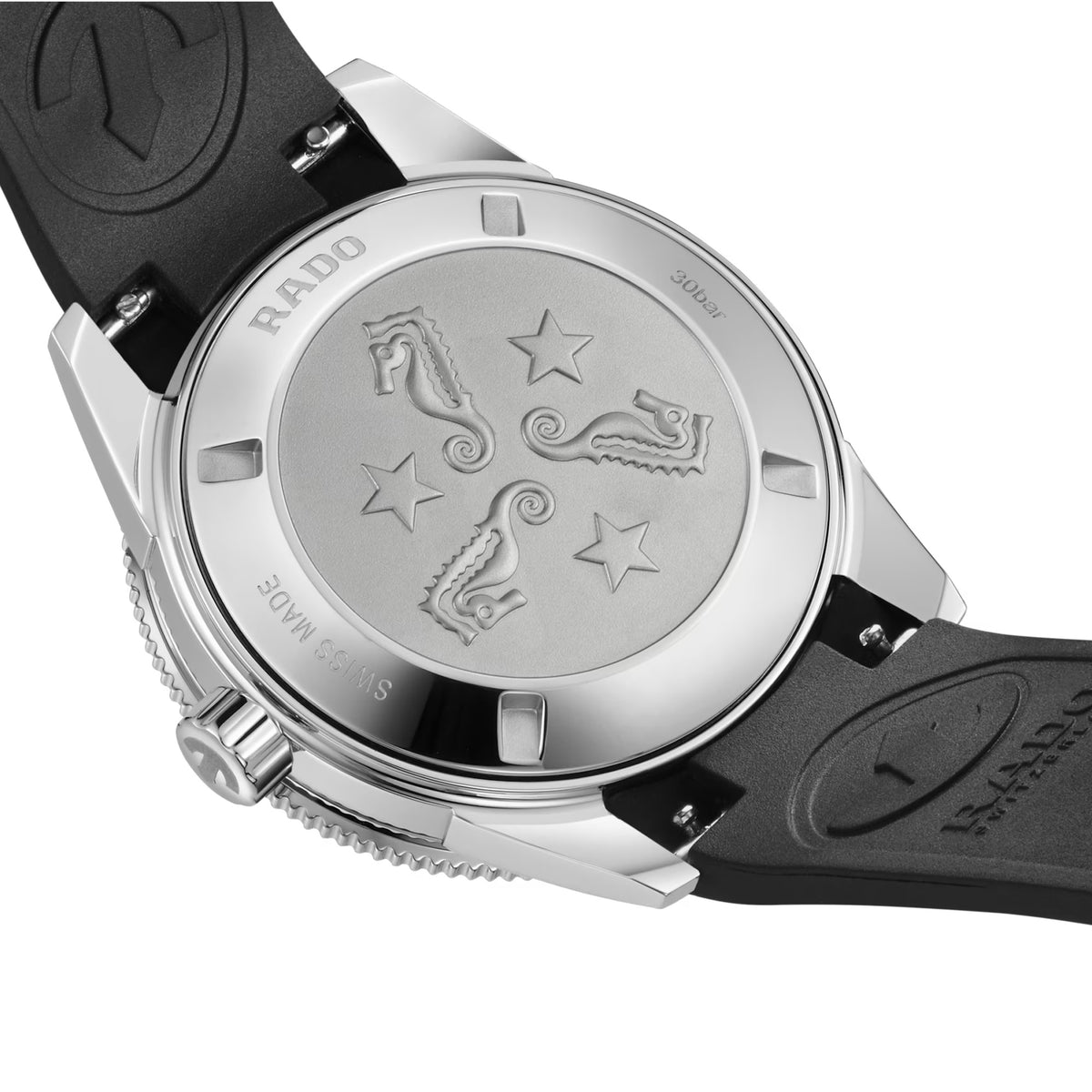 Rado Captain Cook 39mm R32223229 caseback view – screw-down stainless steel caseback, Swiss made Rado R763 automatic movement with 80-hour power reserve