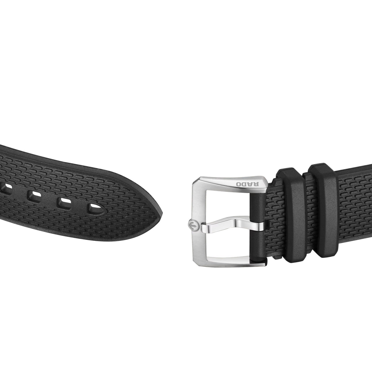 Rado Captain Cook 39mm R32223229 strap detail – black rubber strap with stainless steel pin buckle