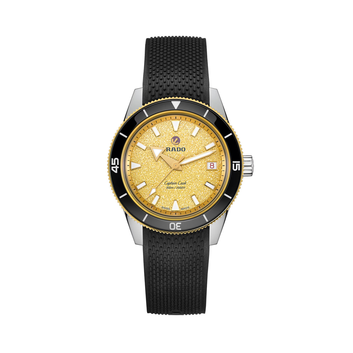 Rado Captain Cook 39mm R32223258 soldier view on black rubber strap – gold glitter dial, black high-tech ceramic bezel insert, polished stainless steel case, black rubber strap with EasyClip quick-change system