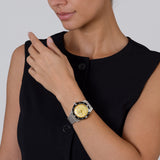 Rado Captain Cook 39mm R32223258 worn on wrist – gold glitter dial, black ceramic bezel, stainless steel case and bracelet, mid-sized 39mm automatic dive watch shown on wrist