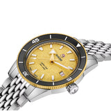 Rado Captain Cook 39mm R32223258 worn on wrist at a three-quarter angle – gold glitter dial catching the light, black ceramic bezel, box-shaped sapphire crystal, stainless steel bracelet