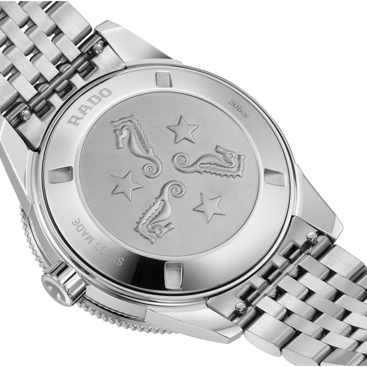 Rado Captain Cook 39mm R32223313 caseback view – screw-down stainless steel caseback, Swiss made Rado R763 automatic movement with 80-hour power reserve